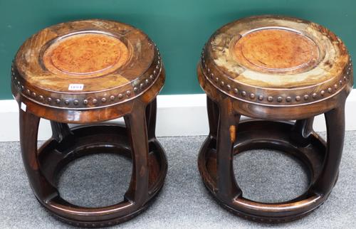 A pair of 20th century Chinese hardwood and burr wood open drum/garden seats, 40cm wide x 45cm high, (2).