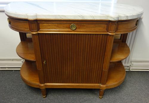 A Louis XVI style buffet, the D-shaped marble top over three frieze drawers and cupboard, flanked by rounded open shelves, on tapering fluted supports