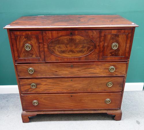 A George III mahogany secretaire chest, the fitted top drawer over three further graduated drawers, on bracket feet, 125cm wide x 119cm high.