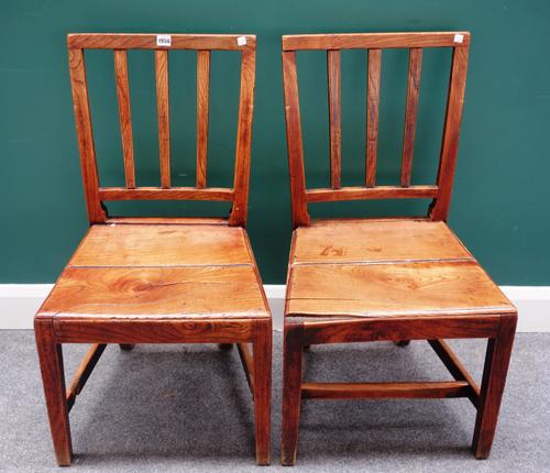 A pair of George III elm square back dining chairs, with solid seats and square supports, 49cm wide x 88cm high, (2).