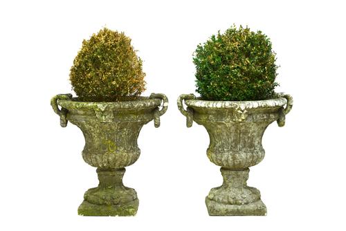 A pair of reconstituted stone twin-handled garden urns, each with fluted body and square base, 70cm wide x 70cm high, (2).  Illustrated