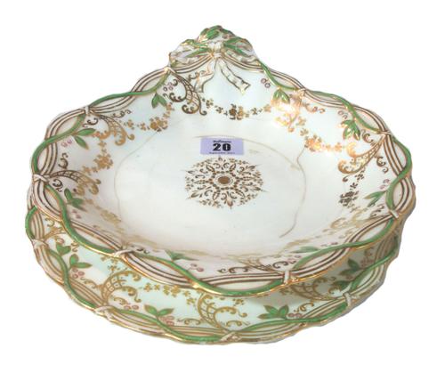 An English porcelain part dessert service, green and gilt decorated, comprising; four dishes and twelve plates, (16).  S12M