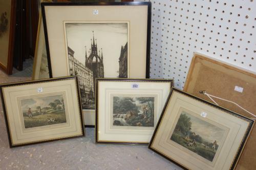 After Samuel Howitt, Shooting; Fishing, a set of six prints, together with an etching of a church by Kenneth Steel, (7).  A7