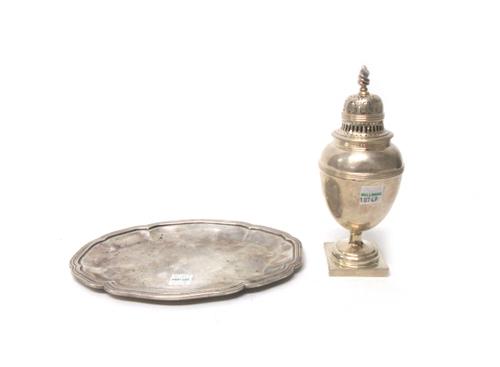 A silver sugar caster, having a wrythen knop finial, raised on a square base by Goldsmiths and Silversmiths Ltd, London 1915, weight 242 gms and a Ger