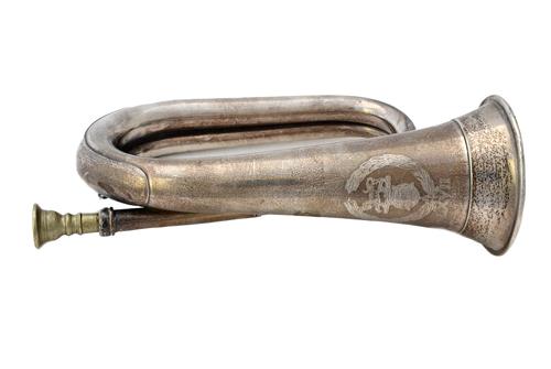 A silver infantry regiment military bugle, engraved with the badge of The Hampshire Regiment and detailed 'LXVII', London 1937, fitted with a base met