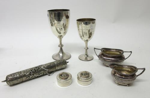 Two silver trophy cups, both presentation inscribed, combined weight 437 gms, also plated wares, comprising; a milk jug with a matching sugar bowl, tw