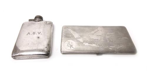 Silver, comprising; a curved rectangular spirit flask initial engraved, Birmingham 1927 and a rectangular cigarette case, depicting a map of part of t