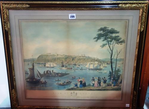B. Beaufoy; Etching, Coloured view of Quebec, 51cm wide x 41cm high.   A6