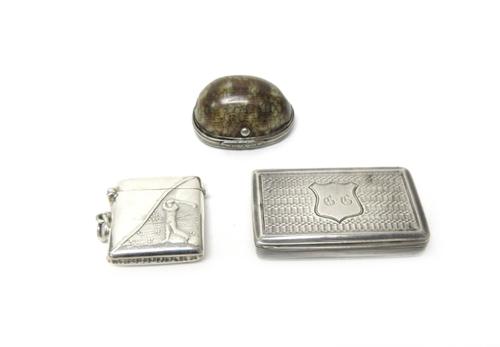 A hinge lidded vinaigrette formed from a mounted sea shell, having a plain pierced hinged grille, the hinged cover monogram engraved, first quarter of