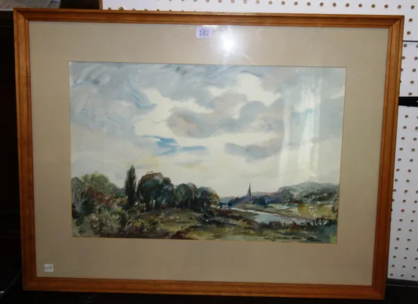 Adrian Hill (1897-1977), Landscape with church spire, watercolour, signed and dated '45, 36.5cm x 56cm. DDS  A6