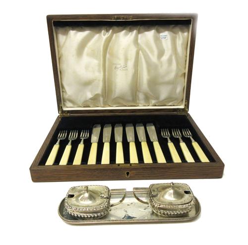 Silver and silver mounted wares, comprising; a set of six pairs of fish knives and forks having ivory handles, Sheffield 1936, cased, a pair of Victor