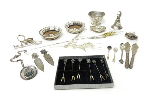 Foreign and plated wares, comprising; South American interest; a set of six pickle forks, two bookmarkers and a pendant with a neckchain, also two mod