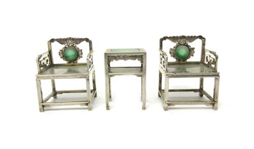 A pair of Chinese miniature elbow chairs, each mounted with a circular jadeite plaque to the back, makers mark LW and a Chinese miniature rectangular