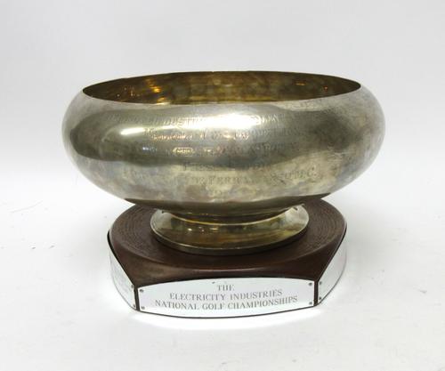 A silver trophy bowl of circular form, raised on a circular foot, the body detailed Electrical Industries Benevolent Association, Birmingham 1930, wei