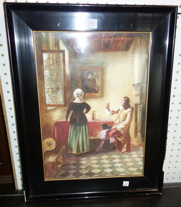 J. Sanders, after Vermeer, Figures in an interior, watercolour, signed, 42cm x 30cm.  ROST