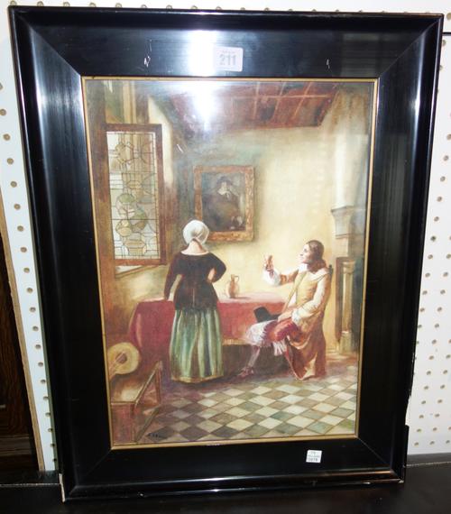 J. Sanders, after Vermeer, Figures in an interior, watercolour, signed, 42cm x 30cm.  ROST