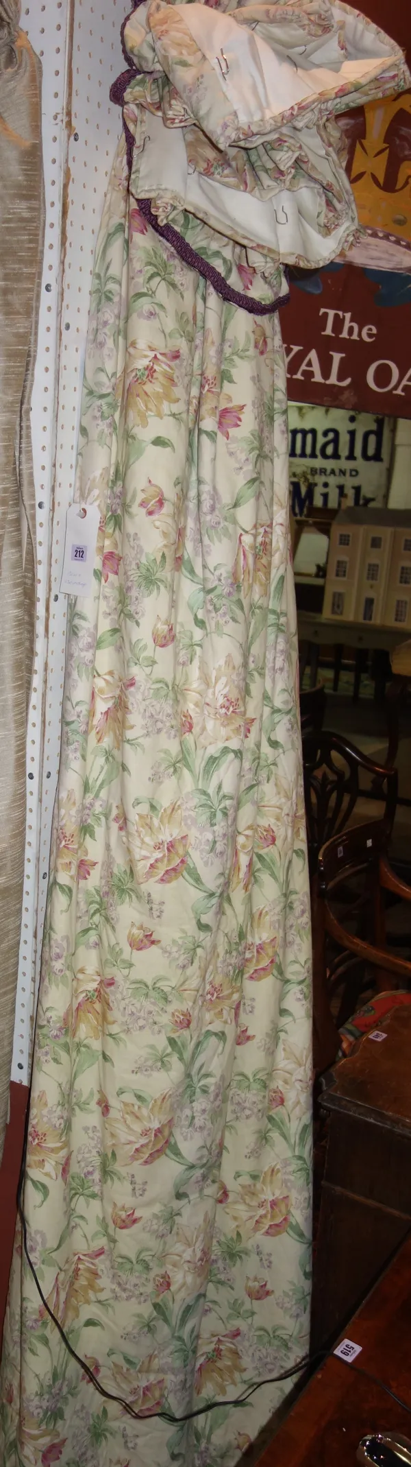 Curtains; a pair of lined and interlined cream ground and floral print design curtains, 130cm wide x 230cm drop, (2).  G6