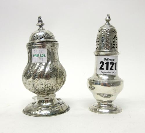 A silver pepper caster, of baluster form, London date letter indistinct, 18th century, probably by Samuel Wood and a larger caster, with spiral scroll