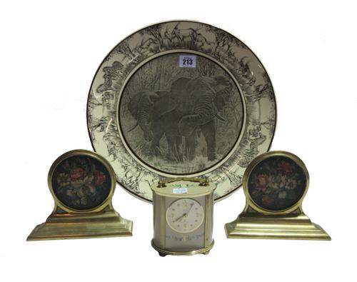 Collectables, including; a Royal Doulton African Series, African Elephant plate, a pair of brass bookends and a Swiza small alarm clock.  S6M