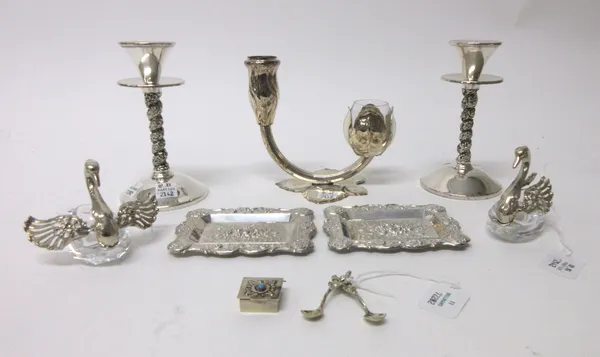 Foreign and mostly plated wares, comprising; a pair of glass models of swans, detailed '835', a pair of salt spoons, a square pill box, a pair of cand