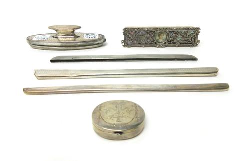 Silver and silver mounted wares, comprising; a late Victorian shaped rectangular hinge lidded box, gilt within, the lid glazed with a portrait miniatu