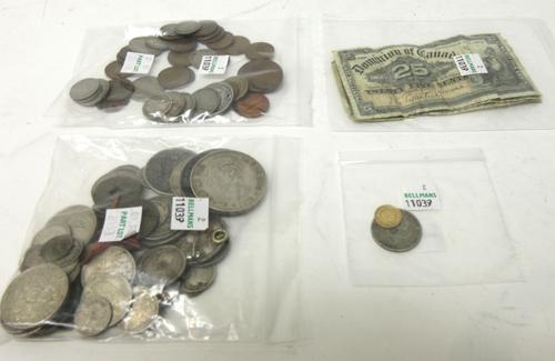A collection of foreign coins and banknotes, including; a U.S.A gold dollar 1853, a U.S.A twenty-five cents 1837, (pierced with a hole), a Mexico City