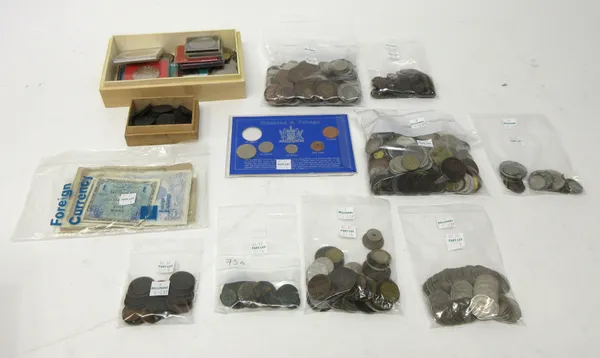 A quantity of British and foreign coins, including; two 1953 crowns, further crown sized coins, a Trinidad and Tobago display of five coins, a few anc