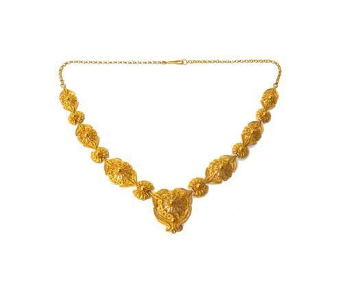 A gold filigree necklace, in a tapering panel shaped link design, detailed 22 22, on a hook shaped clasp, weight 41.3 gms.