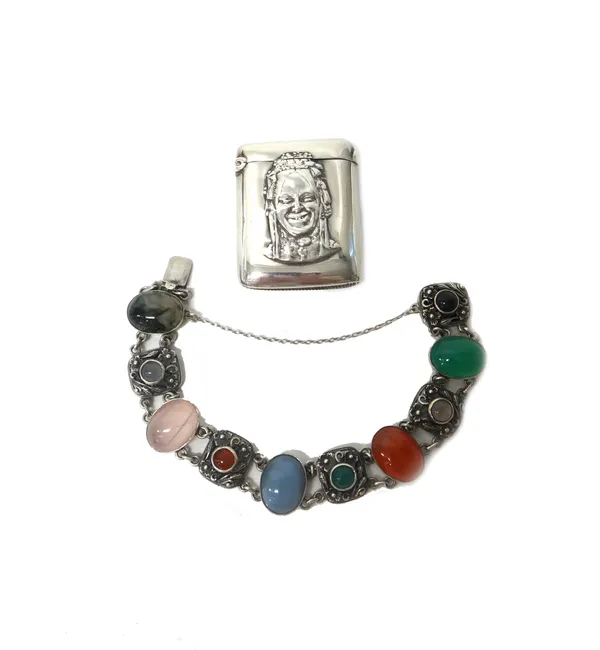 A silver, carnelian, rose quartz, moss agate and gem set bracelet, decorated with floral divisions, on a snap clasp, detailed silver, with a case and