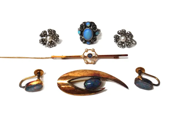 A pair of silver gilt and opal doublet earrings, the backs with screw fittings, a silver gilt and opal doublet set brooch, a gold, sapphire and seed p