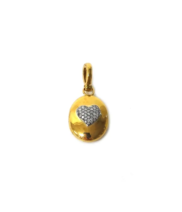 An 18ct gold and diamond set oval pendant locket by Annouska, the front with a heart shaped motif, pave set with small circular cut diamonds, gross we