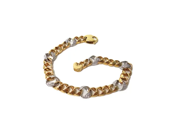 An 18ct gold and diamond set bracelet, in a stylised curb link design, spaced with diamond set links at intervals, on a sprung hook shaped clasp, leng