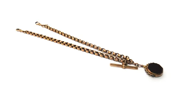 A gold faceted circular link watch Albert chain, detailed 9 C, fitted with a gold T bar and two gold swivels, detailed 9 C and with a 9ct gold mounted