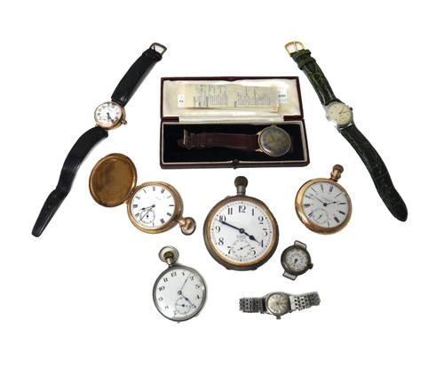 A gentleman's 9ct gold, circular cased Trebex wristwatch, with a case, a keyless wind, openfaced base metal cased Goliath watch, the dial detailed 8 D