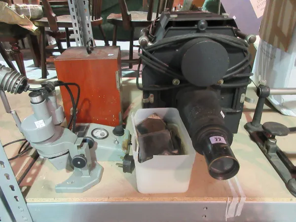 A large 20th century magic lantern style projector and two microscopes, (3).   S8B