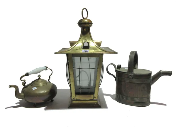A pair of Christopher Wray rise and fall lights, one shade, a brass lantern, a watering can and sundry (qty). S2B