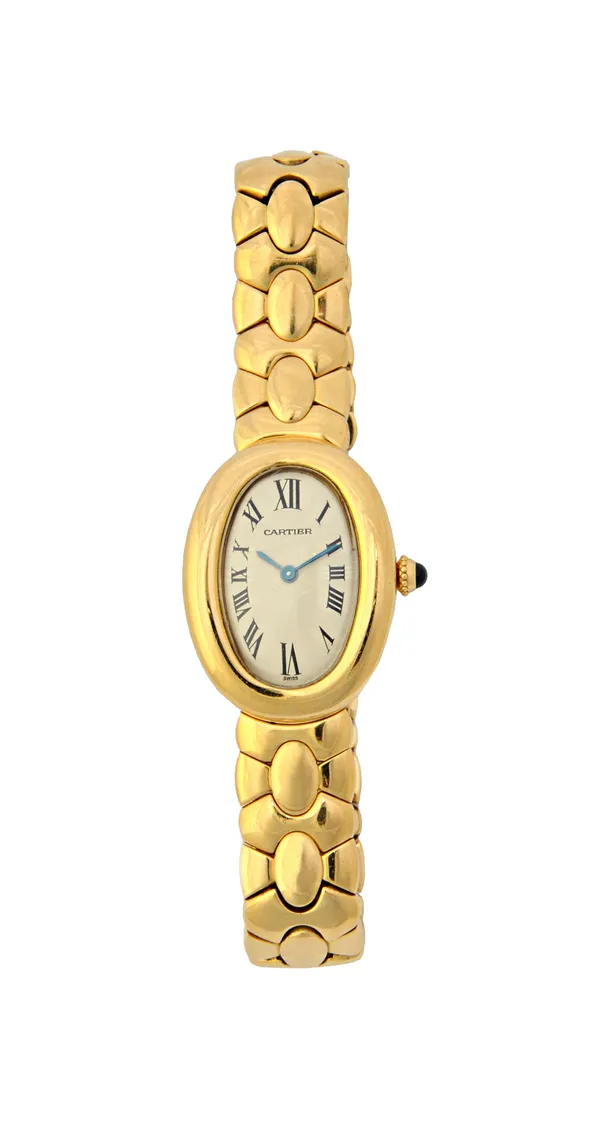 A lady's Cartier Baignoire quartz 18ct gold bracelet wristwatch, the signed oval curved dial with black Roman numerals and with blued steel hands, the