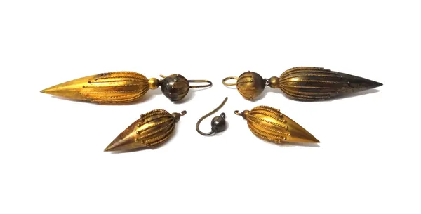 A pair of Victorian gold pendant earrings, each with applied bead and ropetwist wirework decoration, in the Etruscan style, the tops with wire fitting