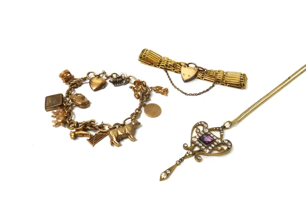 A 9ct gold, oval link charm bracelet, on a boltring clasp, fitted with a variety of mostly 9ct gold charms, including; an elephant, a pig, a dog and a