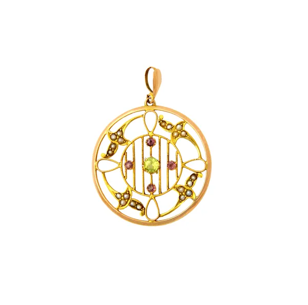 A gold, peridot, seed pearl and red gem set pendant, in a pierced openwork design, decorated with seed pearl set foliate motifs to the border, detaile