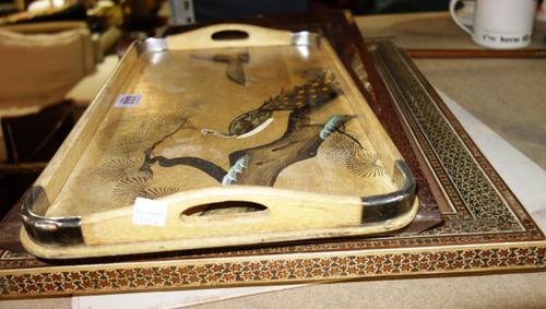 Collectables, including; a chinoiserie decorated tray, a copper hunting horn, a carved hardwood panel, a frame,  picture and records, (qty).   S10T