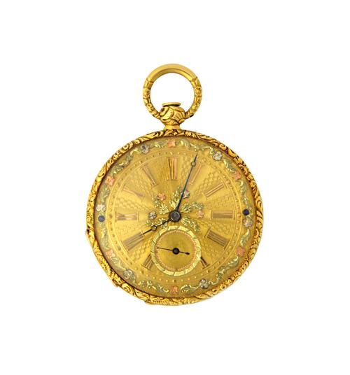 A Victorian black enamelled, key wind, openfaced lady's fob watch, with an unsigned gilt cylinder movement, the inner case detailed Pigot a Geneve, No