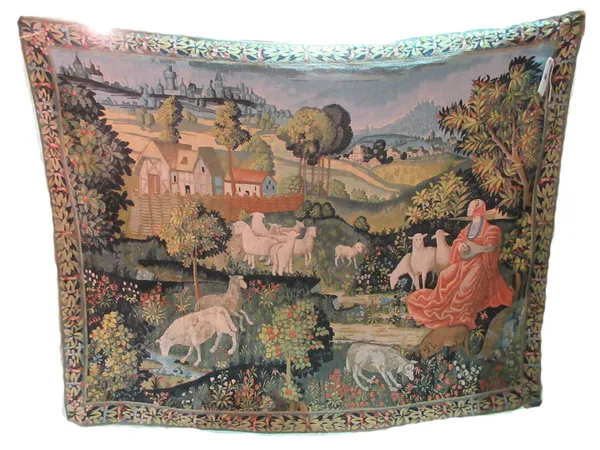 A 20th century tapestry depicting a medieval farm scene of a girl playing a mandolin and sheep and buildings, 186cm wide x 147cm high.   J9
