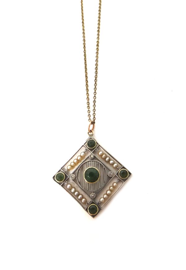 A gold, pale green tourmaline, rose diamond and seed pearl pendant, in a pierced lozenge shaped design, collet set with the principal circular cut pal