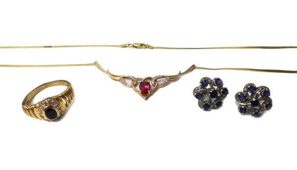 A 9ct gold, diamond and synthetic red gem set necklace, a 9ct gold, sapphire and colourless gem set oval cluster ring, with openwork stepped shoulders