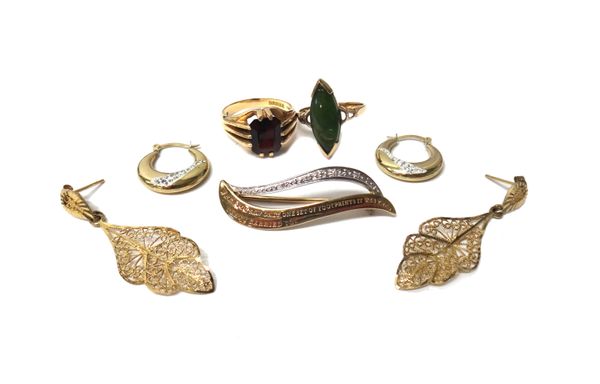 A 9ct gold ring, claw set with a cut cornered rectangular step cut garnet, a gold ring, mounted with a marquise shaped nephrite, detailed 9ct, two pai