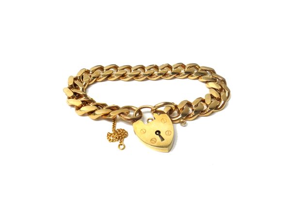 A 9ct gold, faceted solid curb link bracelet, on a 9ct gold heart shaped padlock clasp, with a safety chain, weight 47 gms.