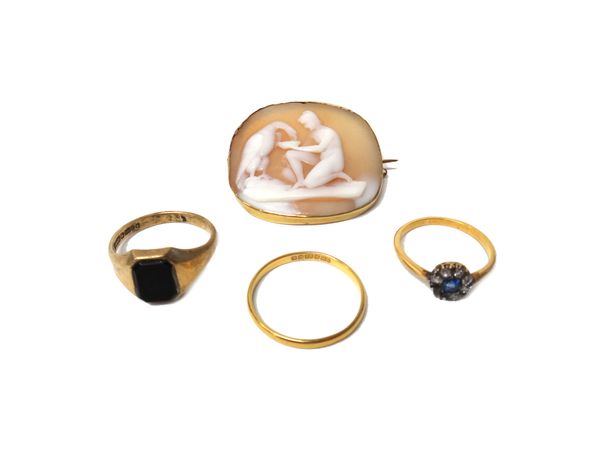 A gold, sapphire and diamond cluster ring (two diamonds lacking), a 9ct gold and black onyx set signet style ring, a 22ct gold plain wedding ring, wei