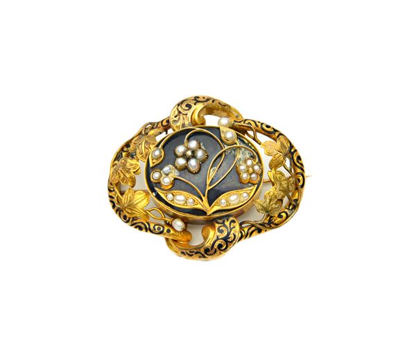 A Victorian gold, black enamelled, rose diamond and half pearl set mourning brooch, of shaped oval form, the centre with a gem set forget-me-not spray