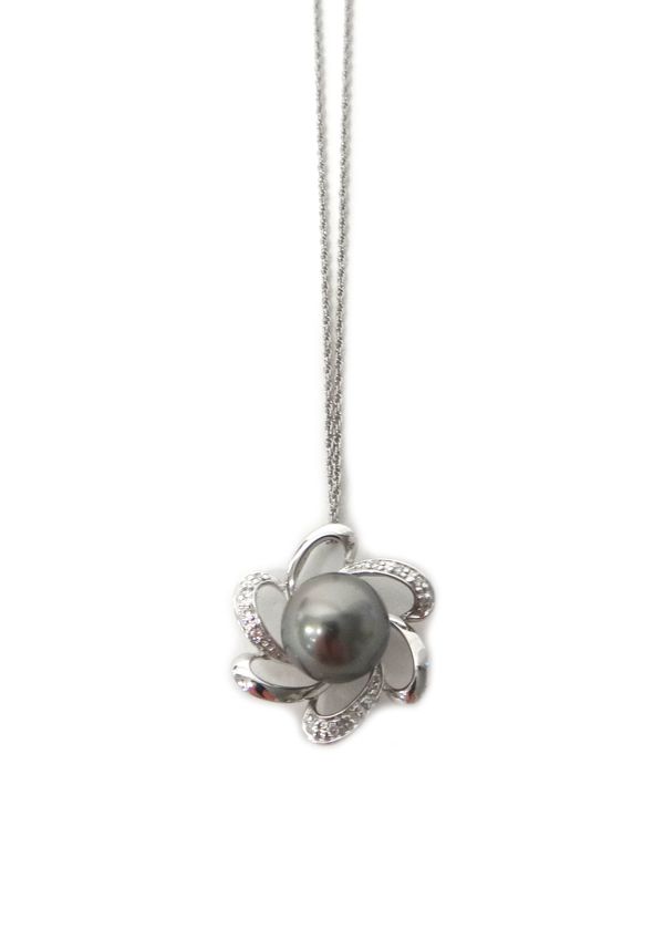 A 9ct white gold, grey tinted cultured pearl and diamond set pendant, pierced in an openwork flowerhead shaped design, mounted with the single culture